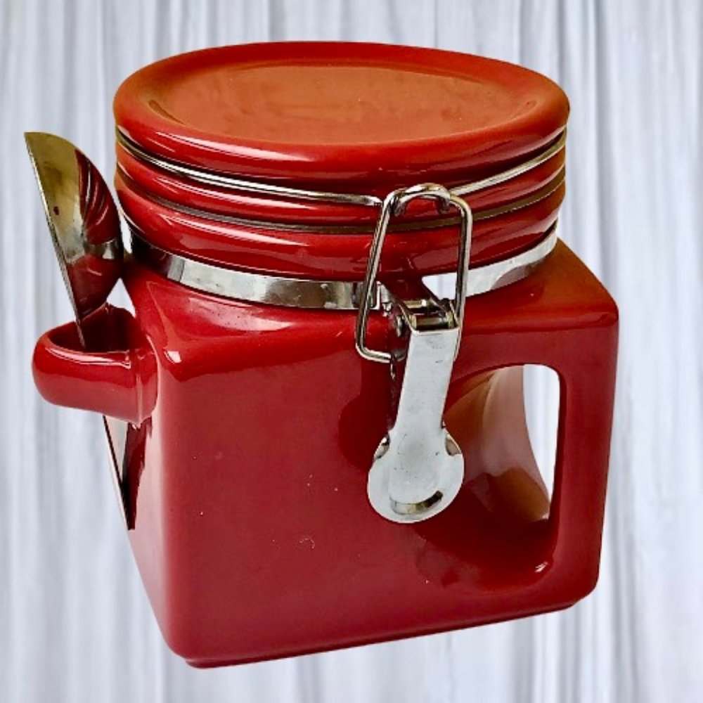 OGGI Red Ceramic Coffee Square Canister Handle & Spoon